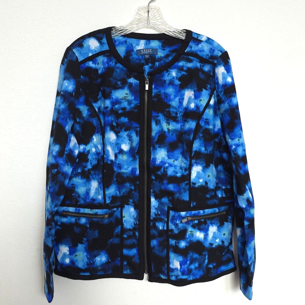 Kelly by Clinton Kelly Sz L Ponte Jacket Blue black Abstract Watercolor A289823